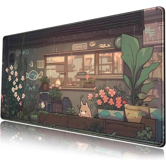 Japanese Anime Desk Mat Kawaii Cat Cute Desk Pad Green Plants Large Gaming Pad